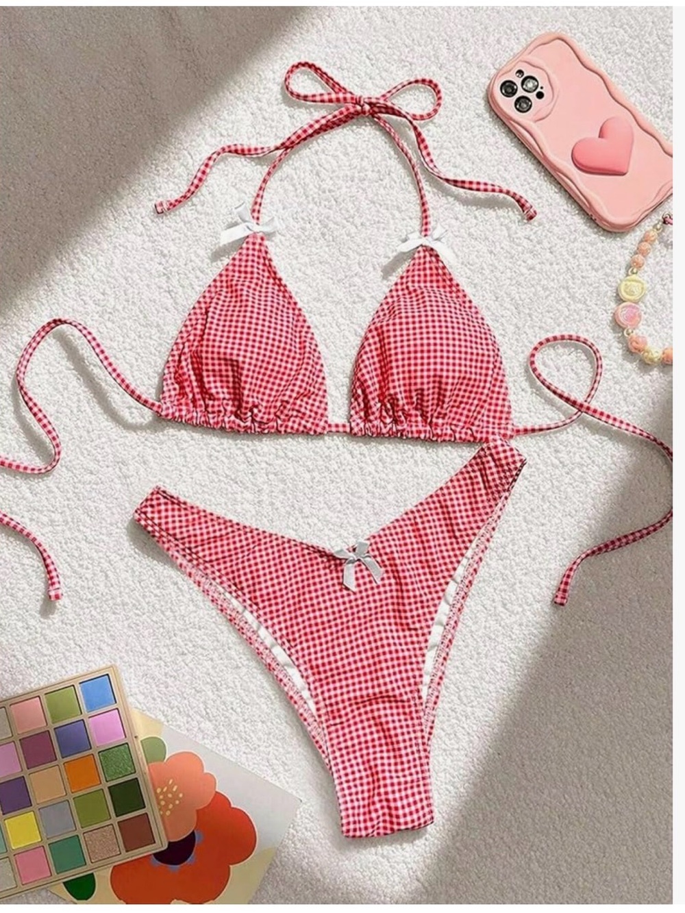 Source Unknown Red and White Gingham Triangle String Bikini
